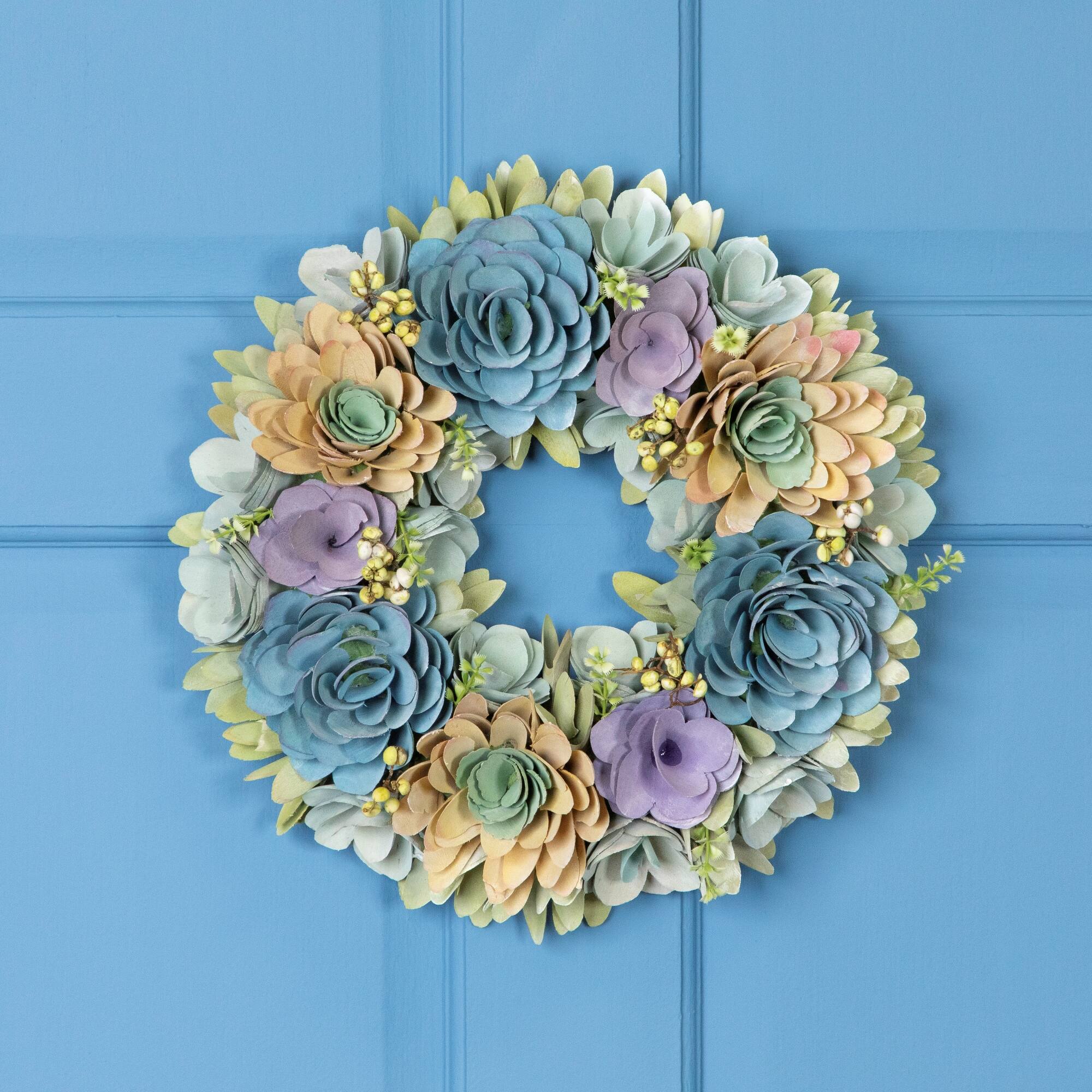 14" Wooden Floral Spring Artificial Wreath with Seed Pods